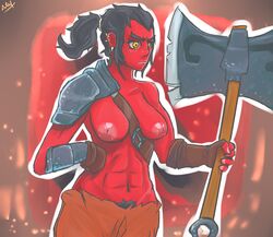 axe axe_(dota) dota_2 female hairy ishihara_art muscles red_skin rule_63 yellow_eyes