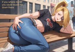 1boy ai_generated ai_slop_(low_quality_ai) bench big_butt blonde_hair blue_eyes blush cute deidara femboy femboy_focus goth imminent_oral jeans male male_only naruto naruto_(series) penis pleasure_face punk ripped_clothing sissy sitting small_penis smaller_male smile text thighs_waist tongue_out