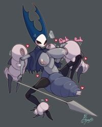 2025 4:5 absurd_res angry anthro areola arthropod arthropod_abdomen bayonet_(artist) big_breasts biped bodily_fluids breast_play breast_suck breasts censored duo english_text female flukes_(hollow_knight) heart_symbol hi_res hollow_knight male male/female mantis_lord melee_weapon motion_lines nipples on_ground signature sound_effects sucking sweat sweatdrop team_cherry text weapon