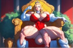 ai_generated big_balls big_breasts big_cock blonde_hair coffe_cup coffee futanari muscular muscular_futanari queen thick_thighs throne