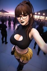 1girls 3d 3d_(artwork) abs ai_generated big_ass big_breasts black_lips black_lipstick black_shirt boob_window brown_hair brown_hair busty cleavage cleavage_cutout crop_top garter_belt garter_straps glasses goth goth_girl long_hair madz(oc) plaid_skirt pleated_skirt ponytail radnsad short_skirt sidelocks solo solo_female solo_focus thick_thighs yellow_skirt