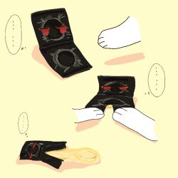 1:1 2025 ambiguous/ambiguous ambiguous_anthro ambiguous_gender ambiguous_on_anthro animate_inanimate anthro black_body clothing condom condom_wrapper digital_drawing_(artwork) digital_media_(artwork) disembodied_hand duo ellipsis half-closed_eyes kuchiiya larger_anthro living_condom_(species) looking_at_hand lying mouth_closed narrowed_eyes noseless not_furry_focus on_back outline_thought_bubble paws red_eyes sexual_barrier_device shadow simple_background size_difference solo_focus tan_background thought_bubble undressing undressing_another white_body