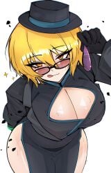 1girls big_breasts blonde_hair breasts chinese_clothes cleavage cleavage_cutout condom don_quixote_(limbus_company) eyewear female female_only filled_condom gloves hat headwear large_breasts licking_lips light-skinned_female light_skin limbus_company looking_at_viewer m_ayonessa no_panties project_moon qipao short_hair smile solo sunglasses sweat thick_thighs tinted_eyewear tongue white_background yellow_eyes