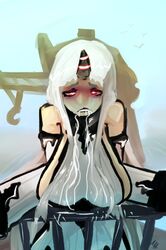 clothing fully_clothed horn huge_breasts ishihara_art kantai_collection red_eyes seaport_hime shinkaisei-kan sick sideboob vomit white_hair