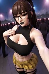 1girls 3d 3d_(artwork) abs ai_generated big_ass big_breasts black_lips black_lipstick black_shirt boob_window brown_hair brown_hair busty cleavage cleavage_cutout crop_top garter_belt garter_straps glasses goth goth_girl long_hair madz(oc) plaid_skirt pleated_skirt ponytail radnsad short_skirt sidelocks solo solo_female solo_focus thick_thighs yellow_skirt