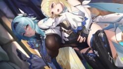 1futa 1girls 2d blonde_hair blue_hair blush bouncing bouncing_breasts breasts closed_eyes clothed clothed_sex clothing cum cum_in_pussy cum_inside doggy_style eula_(genshin_impact) futa_on_female futanari genshin_impact grabbing grabbing_from_behind huge_breasts jiggle jiggling_breasts looking_at_viewer lumine_(genshin_impact) medium_hair no_sound open_mouth rough_sex sex sex_from_behind unknown_showhey video