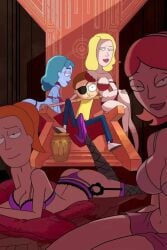 artstyle_imitation beth_smith blonde_hair blue_pants bra edit evil_morty eye_patch fishnets fonglet green_hair high_heels jessica_(rick_and_morty) lingerie morty_smith multiple_girls orange_hair planetina rick_and_morty sitting summer_smith yellow_shirt