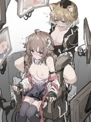 2girls animal_ears arknights bound brainwashing chair chair_bondage eyjafjalla_(arknights) female female_only monitors mousse_(arknights) restrained strapped topless whate=3r