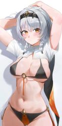 absurdres anby_demara anby_demara_(silver_soldier) bikini black_bikini black_hairband breasts cowboy_shot female hairband highres large_breasts navel orange_eyes short_hair simple_background solo stomach swimsuit thighs white_hair yonesdraws zenless_zone_zero