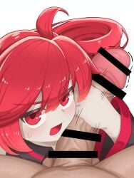 1boy 1girls 2d 2d_(artwork) alternate_version_available annoyed annoyed_expression artist_request blush blush_lines censored censored_penis clothed clothed_female clothing curved_to_the_right_penis detached_sleeves eye_contact eyelashes female fully_clothed handjob kasane_teto looking_at_viewer male male_pov motion_lines open_mouth outercourse partial_male penis penis_on_face red_eyes red_hair sex simple_background straight sweat sweating twin_drills utau wayuwayu white_background