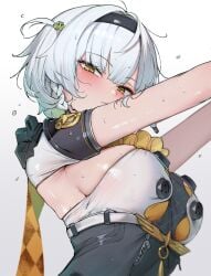 1girls anby_demara anby_demara_(silver_soldier) armpits big_breasts blush breasts looking_at_viewer short_hair sideboob solo sweat white_hair zenless_zone_zero