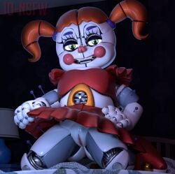 animatronic circus_baby circus_baby_(fnaf) clown clown_girl clussy five_nights_at_freddy's five_nights_at_freddy's:_sister_location fnaf joeshownsfw lifting_skirt looking_at_viewer on_bed red_hair skirt_lift solo twintails