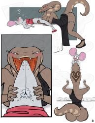 anthro ass bed black_clothing black_dress blue_eyes blush bodily_fluids bottomless breasts clothed clothing cobra cunnilingus dress duo female female/female forked_tongue furniture genital_fluids hi_res ketsup larger_female larger_pred licking licking_lips long_neck lying lying_on_bed mammal mouse murid murine on_back on_bed oral oral_vore raised_tail red_clothing red_dress red_eyes reptile rodent scalie sex size_difference smaller_female snake tail tongue tongue_out vaginal_fluids vaginal_penetration vore