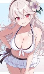 1girls bikini black_hairband blowing_kiss blush breasts cleavage corrin_(female)_(fire_emblem) corrin_(female)_(novice_vacationer)_(fire_emblem) corrin_(fire_emblem) corrin_(fire_emblem)_(female) female female_focus female_only fire_emblem fire_emblem_fates fire_emblem_heroes flower frilled_skirt grey_hair hair_between_eyes hair_flower hair_ornament hairband large_breasts long_hair looking_at_viewer n_54 official_alternate_costume pointy_ears red_eyes smile solo swimsuit white_bikini white_hair