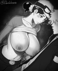 1boy 1girls bleach blush breast_focus breasts breasts_out character_request clothes_lift copyright_request devilukez female female_focus greyscale hat large_breasts looking_at_breasts male monochrome nipples pants ponytail shirt_lift smile solo_focus stomach sweat