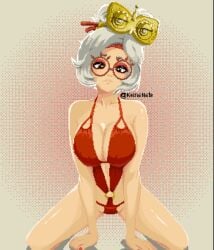 big_breasts boob_squish boobs circle_glasses keinanight kneeling large_breasts light-skinned_female nintendo on_knees pixel_art purah purah_(tears_of_the_kingdom) red_clothing red_eyes red_lingerie red_nails tagme tears_of_the_kingdom the_legend_of_zelda white_hair