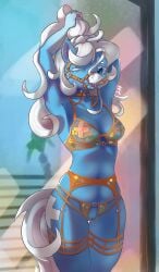 absurd_res anthro bridle clothing drafthoof fan_character female hands_behind_head hasbro hi_res hotel_room icy_heart lingerie my_little_pony one_eye_closed open_underwear pasties solo standing