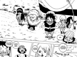 2girls big_breasts black_and_white comic dialogue doujinshi female male monkey_d_luffy multiple_boys nico_robin one_piece roronoa_zoro sanji tex text usopp