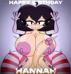 :3 alternate_breast_size black_hair breasts brown_eyes cleavage elbow_gloves english_text female futa_only futanari glasses gloves gothicblooky hannah_(cosmichannah) huge huge_breasts looking_at_viewer lying nipples nude on_back penis purple_hair pussy smile solo striped_clothes striped_thighhighs testicles thick_thighs thighhighs thighs trans trans_flag trans_thighhighs transgender_pride_colors