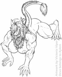 4_toes all_fours armpit_hair ass collaboration deva female furry imminent_rape large_breasts looking_at_viewer looking_up mane monochrome muscular nipples pencil_(artwork) raised_tail rape_face sergal sharp_claws thick_bottom_lip toe_claws traditional_media_(artwork) victoria_viper xylem