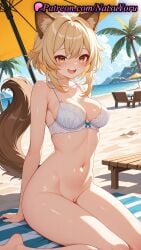 1girls 2025 ai ai_assisted ai_generated animal_ear_fluff animal_ears anime anime_style bangs bare_arms bare_shoulders barefoot beach beach_umbrella blonde_hair blue_sky blush bottomless bow bow_bra bra breasts brown_tail bust busty cleavage cleft_of_venus collarbone day dog_tail female female_focus female_only fox_ears fox_tail genshin_impact hair_between_eyes hentai hi_res high_quality high_resolution highres hoyoverse kachina_(genshin_impact) kemonomimi_mode looking_at_viewer makeup medium_breasts mihoyo mihoyo_technology_(shanghai)_co._ltd. natsuyoru navel ocean oerba_yun_fang open_mouth outdoors palm_tree patreon pussy raccoon_tail sand short_hair_with_long_locks sitting sky smile solo solo_female stable_diffusion stomach tail teeth thighs towel tree umbrella uncensored underwear upper_teeth_only vagina voluptuous voluptuous_female wariza wet white_bra yellow_eyes