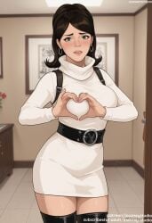 ai_generated archer_(series) artist_name bangs belt black_belt black_hair black_legwear black_thighhighs blurry blurry_background blush breasts brown_hair clothing cowboy_shot door dress earrings female female_only fx_networks green_eyes heart heart_hands hoop_earrings indoors jewelry jousneystudio lana_kane large_breasts legwear lips long_hair long_sleeves looking_at_viewer medium_hair mole parted_bangs parted_lips patreon_username shirt short_dress skirt smile solo standing sweater text thighhighs thighs tile_floor tiles turtleneck watermark web_address white_dress