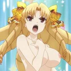 blonde_hair blonde_hair drill_hair edit fate/hollow_ataraxia fate/kaleid_liner_prisma_illya fate/stay_night fate_(series) female gold_eyes hair_ribbon large_breasts luviagelita_edelfelt nipples nude nude_female nude_filter open_mouth photoshop topless voluptuous