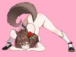 1girl animal black blush breasts brown_hair character_request jack-o_pose mouse_ears mouse_tail naked rose_(flower) shoes socks solo topless