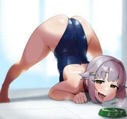 ai_generated all_fours ass ass_up female koshimizu_sachiko licking_cum looking_at_viewer pet_bowl solo spread_legs swimsuit tongue_out top-down_bottom-up