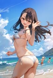 3girls ai_generated ass back bare_shoulders beach bikini bikini_bottom_only bird black_hair blue_sky blush breasts brown_eyes closed_mouth cloud cloudy_sky cowboy_shot dark_skin day female floating_hair frilled_bikini frills from_behind grin hair_ornament hairclip halterneck highres horizon ijiranaide_nagatoro-san large_breasts long_hair looking_at_viewer looking_back medium_breasts multiple_girls nagatoro_hayase navel non-web_source ocean open_mouth outdoors pointing red_eyes sand side-tie_bikini_bottom side-tie_clothing side-tie_swimsuit sideboob sky smile solo_focus standing string_bikini swimsuit tan tanlines teeth thighs water white_bikini