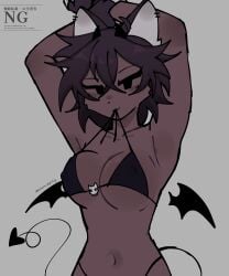 1girls arms_up bat_wings black_bra black_horns black_underwear blush blush bra bra_pull cat_ears dark_skin demon_horns demonispicy female horns imp_tail looking_at_viewer purple_hair short_hair string_in_mouth tail underwear wings