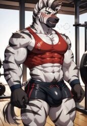 ai_generated bulge bulge_through_clothing bulge_under_clothes gym gym_clothing huge_bulge male male_anthro male_only muscular_male sweat sweating sweaty zebra