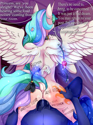 2018 absurd_res anal anthro bondage cutie_mark dialogue dock duo english_text equine feathered_wings feathers friendship_is_magic futanari hair hi_res horse incest intersex kuroran long_hair mammal multicolored_hair my_little_pony pony princess princess_celestia_(mlp) princess_luna_(mlp) royalty sex sibling sister text wings