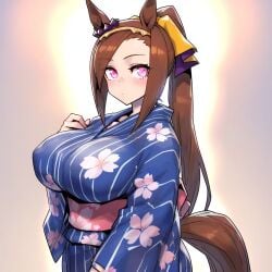 ai_generated animal_ears brown_hair female hair_accessory hairband horse_girl kimono ponytail purple_eyes sakura_bakushin_o_(umamusume) umamusume umamusume_pretty_derby