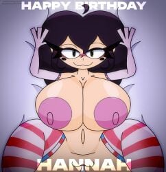 1girl :3 alternate_breast_size black_hair breasts brown_eyes cleavage elbow_gloves english_text glasses gloves gothicblooky hannah_(cosmichannah) huge_breasts looking_at_viewer lying nipples nude on_back purple_hair pussy smile solo striped_clothes striped_thighhighs thick_thighs thighhighs thighs trans trans_flag trans_thighhighs transgender_pride_color