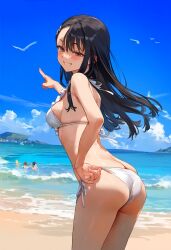 3girls ai-generated ass back bare_shoulders beach bikini bikini_bottom_only bird black_hair blue_sky blush breasts brown_eyes closed_mouth cloud cloudy_sky cowboy_shot dark_skin day female floating_hair frilled_bikini frills from_behind grin hair_ornament hairclip halterneck highres horizon ijiranaide_nagatoro-san large_breasts long_hair looking_at_viewer looking_back medium_breasts multiple_girls nagatoro_hayase navel non-web_source ocean open_mouth outdoors pointing red_eyes sand side-tie_bikini_bottom side-tie_clothing side-tie_swimsuit sideboob sky smile solo_focus standing string_bikini swimsuit tan tanlines teeth thighs water white_bikini