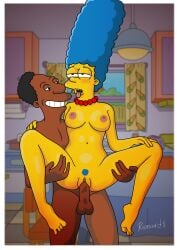 ahe_gao black_penis blue_hair breasts carl_carlson cartoon dark-skinned_male dark_skin fanart female fucking holding_legs indoors interracial kitchen lifted_sex male male/female marge_simpson nipples no_ai penetration pussy pussy_fucking red_renard sex smiling standing_sex the_simpsons yellow_skin