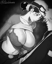 1boy 1girls blush bra breast_focus breasts breasts_out character_request cleavage clothes_lift copyright_request devilukez female female_focus greyscale hat large_breasts looking_at_breasts male monochrome pants ponytail shirt_lift skindentation smile solo_focus stomach sweat underwear