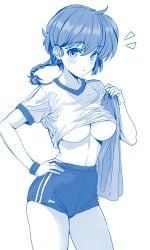 bare_legs bare_thighs big_breasts blush braid breasts buruma gym_uniform hand_on_own_hip metsu_end monochrome no_bra parted_lips ranma-chan ranma_1/2 shirt_lift short_sleeves thighs underboob