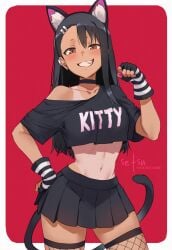 ai_generated black_hair brat breasts brown_body brown_eyes brown_skin cat_ears cat_tail catgirl fake_animal_ears fangs fishnet_legwear fully_clothed gloves hayase_nagatoro midriff miniskirt please_don't_bully_me,_nagatoro setsuaiart shirt skimpy skimpy_clothes smile tanline young