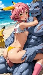 ai_generated anal anal_insertion anal_sex beach breasts breasts_out changed clothing_change confused confused_face confused_look confusion cowgirl_position cum cum_in_ass cum_inside grabbing held_up huge_cock interspecies lost_battle_(pokemon) machoke monster monster_cock new_shirt original_character outdoor_nudity outdoor_sex outdoors outside panties pikachu pink_clothing pink_hair pokefan_alice pokemon pokemon_(species) pokephilia public public_exposure public_indecency public_nudity public_sex riding riding_penis ripped_clothing size_difference sneakers terror139 thong tits_out white_skin yellow_clothing yellow_eyes