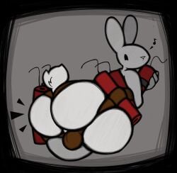 anthro ass backsack balls big_butt dynamite emanata explosive_bunny_(terraria) explosives femboy fur genitals hi_res lagomorph leporid looking_back male mammal mostly_nude musical_note musical_symbol pillow_shading rabbit scut_tail short_tail solo symbol tail terraria thfooxxir white_body white_fur