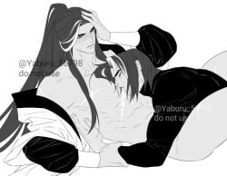 2boys age_difference cookie cookie_run dark_cacao_cookie dark_choco_cookie father_and_son father_and_son_(lore) gay gay_incest incest incest_(lore) licking licking_chest licking_scar male_only no_sex no_visible_genitalia partially_clothed watermark yaoi