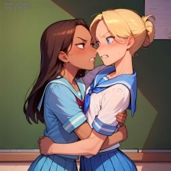 2girls ai_generated annoyed blonde_hair blue_eyes brown_eyes brown_hair classroom flat_chest imminent_kiss interracial pasart school_uniform schoolgirl tsundere yuri