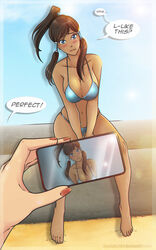 1girls artist_name avatar_legends bikini blush cellphone_camera dark-skinned_female dark_skin english_text female korra large_breasts shadako26 shy speech_bubble straight_hair swimsuit text the_avatar the_legend_of_korra water_tribe