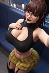 1girls 3d 3d_(artwork) abs ai_generated big_ass big_breasts black_lips black_lipstick black_shirt boob_window brown_hair brown_hair bus busty cleavage cleavage_cutout crop_top garter_belt garter_straps glasses goth goth_girl indoors long_hair madz(oc) plaid_skirt pleated_skirt ponytail radnsad short_skirt sidelocks solo solo_female solo_focus thick_thighs tour_bus yellow_skirt