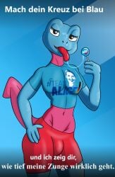 afd afd_alfred afd_germany anthro blue_skin bulge cartoon_style digital_art femboy furry german_politics licking lizard long_tongue mascot muscular politics scalie shiny_skin suggestive tight_shorts trap