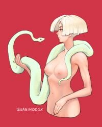 1girls a.k.i. animal artist_name blonde_hair bob_cut breasts completely_nude cropped_torso female female medium_breasts navel nipples nude quasimodox red_background red_eyes short_hair simple_background snake solo street_fighter street_fighter_6 upper_body white_hair white_snake