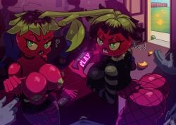 2girls anthro anthrofied ass background breasts cherry_bomb_(pvz) cherrybomb_(pvz) female flora_fauna goth honghito petacereza_(pvz) plant plant_girl plant_humanoid plants_vs_zombies pvz saliva slutty_clothes tagme trio zombie zombie_(pvz)