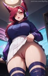 1female 1girls ai_generated animal_ears bigzbig clothing female from_below gamer_girl genitals headphones headset hoodie league_of_legends no_panties pussy red_hair riot_games skirt skirt_lift solo solo_female solo_focus vagina vastaya watermark xayah